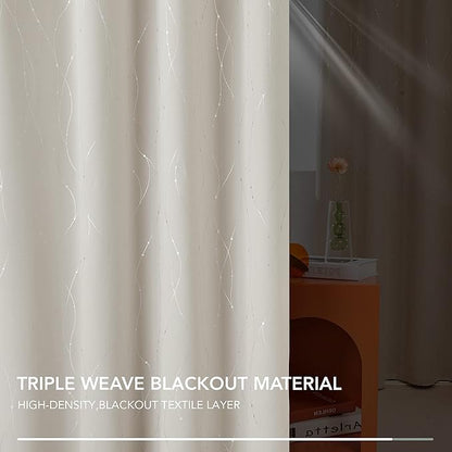 Deconovo Beige Blackout Curtains, Room Darkening Curtain, Thermal Insulated Soundproof Drapes, Silver Wave Dots Print, 38 x 90 Inch, Machine Washable Window Panels for Living Room Bedroom, Set of 2