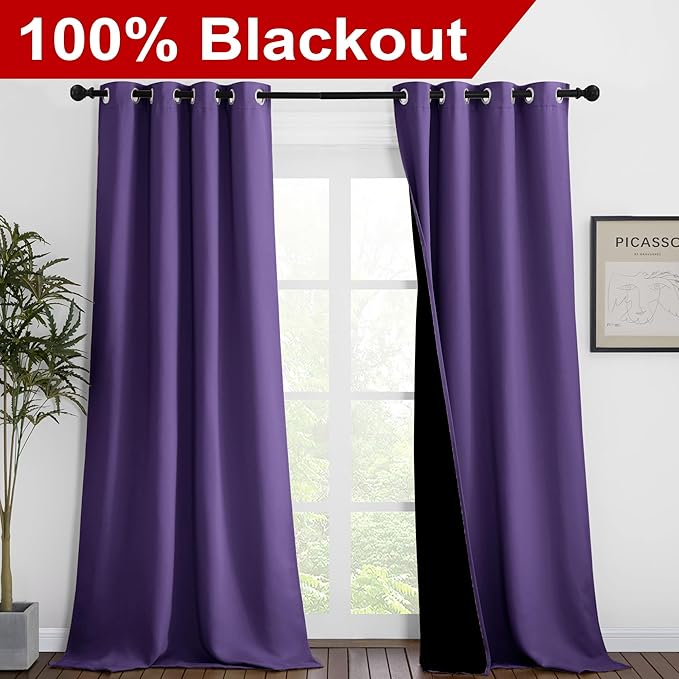 NICETOWN 100% Blackout Blinds, Set of 2, 46 inches x 96 inches, Laundry Room Decor Window Treatment Curtains for Large Patio Sliding Door, Thermal Insulated Lilac Purple Curtains for Bedroom