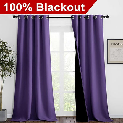 NICETOWN 100% Blackout Blinds, Set of 2, 46 inches x 102 inches, Laundry Room Decor Window Treatment Curtains for Large Patio Sliding Door, Thermal Insulated Lilac Purple Curtains for Bedroom