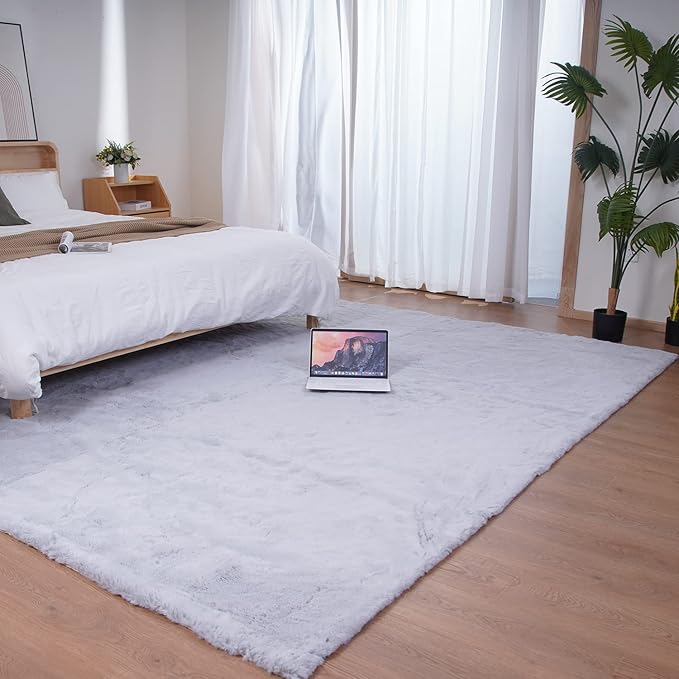 Ghouse Grey 8x10 Area Rug Fluffy Faux Rabbit Fur Grey Rug Plush Shag Fuzzy Rug for Living Room Bedroom, Playing Room, Nursery Room