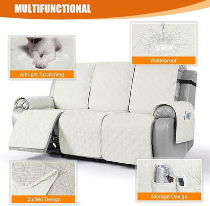 VANSOFY Waterproof Recliner Couch Covers, Sofa Covers 1-Piece Washable Reclining Sofa Cover Non-Slip Furniture Protector with Elastic Straps Pocket for Dogs, Pets(Off White,3 Seater)