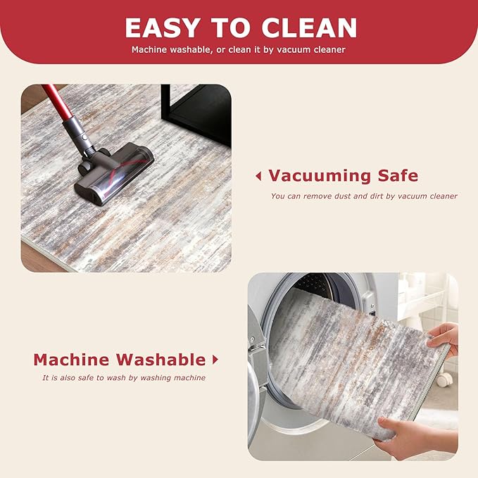 KOZYFLY Modern Abstract Hallway Runner Rug, 2.6x8 Washable Rug Runner Non-Slip Soft Striped Kitchen Runner Rugs, Print Multi Grey/Orange Carpet Runner for Entryway Bathroom