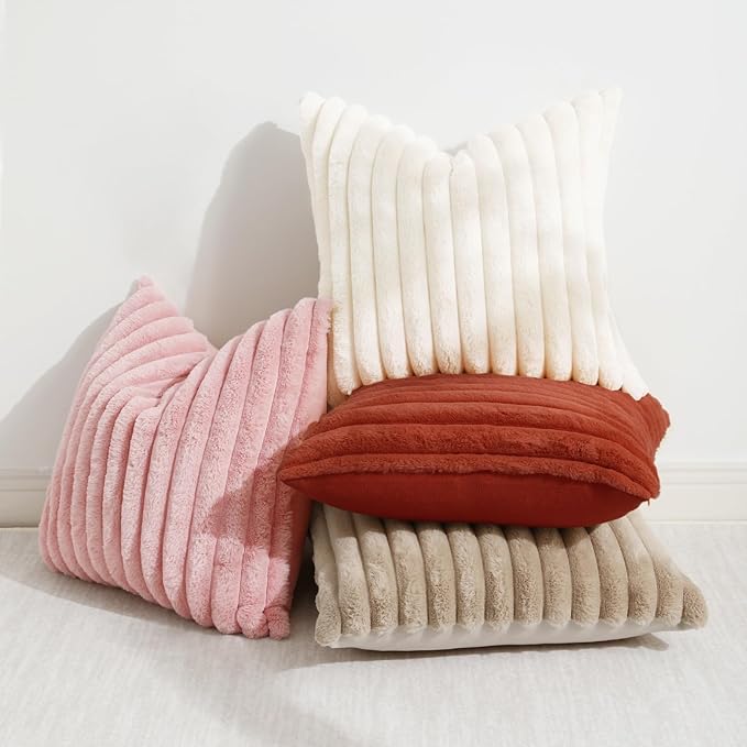 decorUhome Cozy Faux Fur Throw Pillow Covers 16x16 Set of 2 Decorative Soft Plush Striped Modern Farmhouse Boho Couch Pillow Cases with Velvet Back for Sofa Bed Living Room, Rust