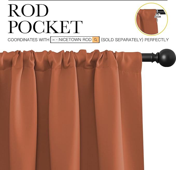 NICETOWN Blackout Curtains and Drapes - Thermal Insulated Solid Rod Pocket Blackout Draperies/Panels (Burnt Orange, 1 Pair, 52 by 95 inches)