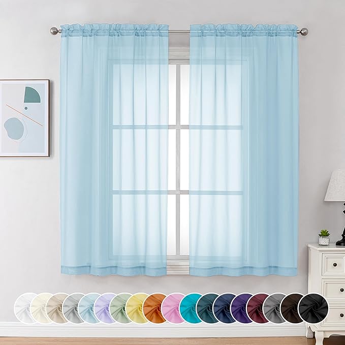 Chyhomenyc Sky Blue Sheer Curtains 54 Inch Long 2 Panels, Light Filtering Rod Pocket Voile Short Curtains Drapes for Living Room Bedroom Small Windows, 42Wx54L Inches