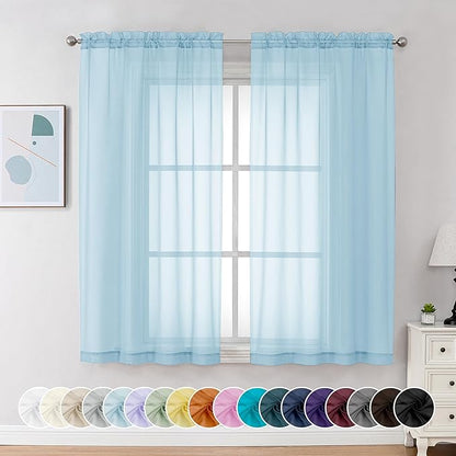 Chyhomenyc Sky Blue Sheer Curtains 54 Inch Long 2 Panels, Light Filtering Rod Pocket Voile Short Curtains Drapes for Living Room Bedroom Small Windows, 42Wx54L Inches