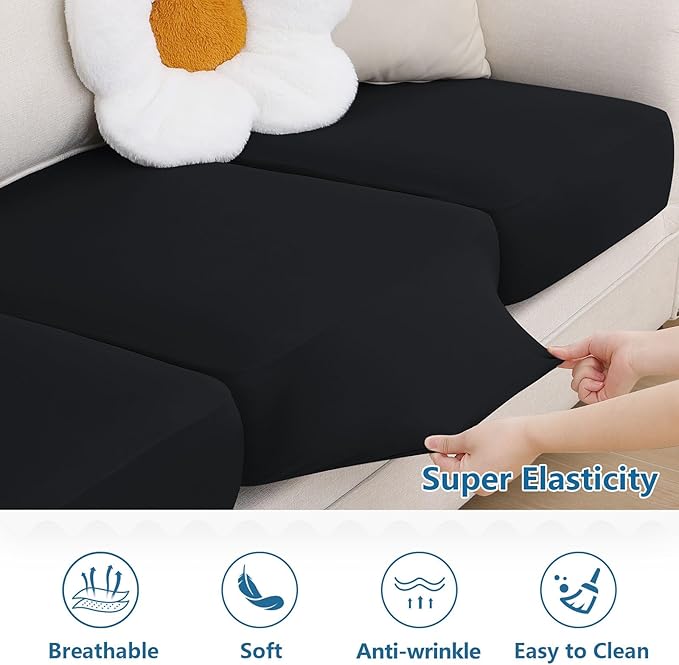 hyha Milk Silk Couch Cushion Covers, Soft Magic Sofa Covers Washable for 3 Cushion Couch, Stretch Sectional Outdoor Cushion Covers for Patio Furniture with Elastic Bottom(Large, Black)