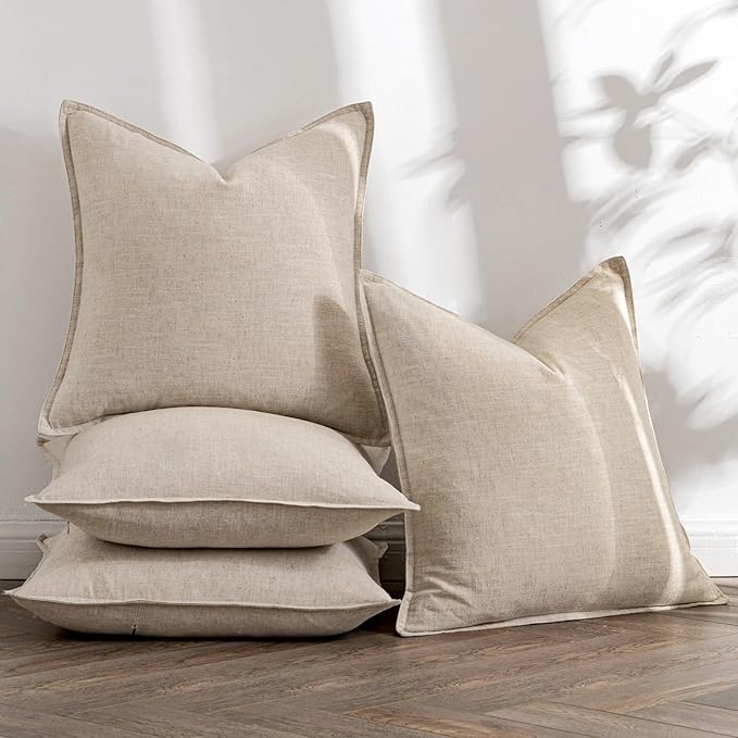 MIULEE Beige Linen Pillow Covers Pack of 4 Decorative Natural Solid Throw Pillow Covers Soft Accent Boho Farmhouse Couch Pillowcases Modern Spring Home Decors for Living Room Bed Sofa 20x20 Inch