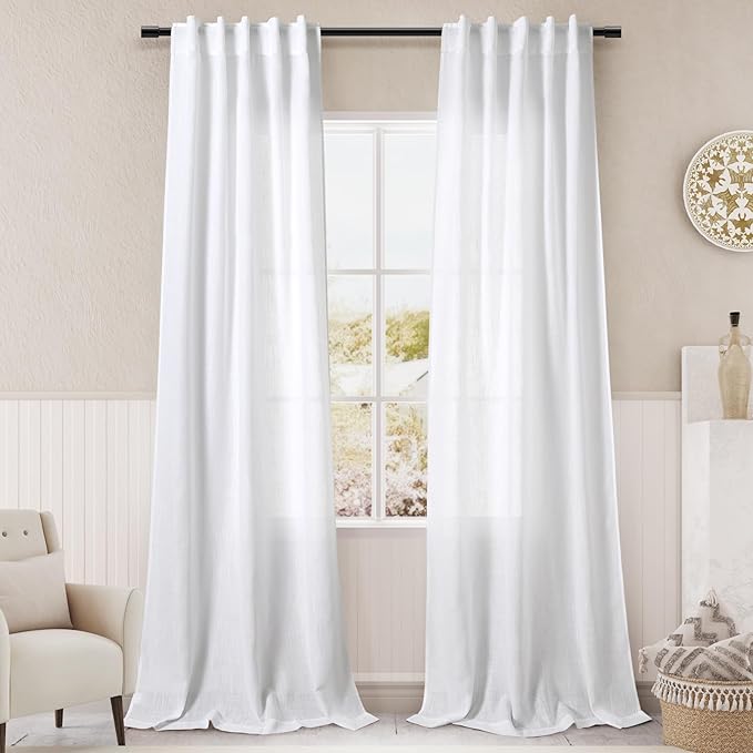 Pure White Curtains 38 x 96 inch Length 2 Panels Back Tab Sheer Linen Curtain Modern Farmhouse Boho Coastal Decor Cotton Textured Gauze Curtains 96 inches long for Sitting Room Office Bedroom