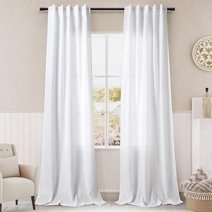Pure White Curtains 38 x 96 inch Length 2 Panels Back Tab Sheer Linen Curtain Modern Farmhouse Boho Coastal Decor Cotton Textured Gauze Curtains 96 inches long for Sitting Room Office Bedroom