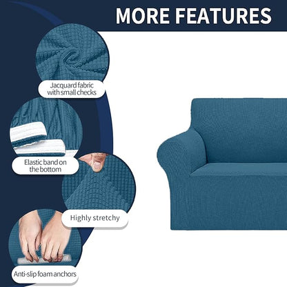 Cupuamon 2026 New Stretch Chair Sofa Slipcovers Couch Cover for 1 Seater Furniture Protector Sofa Covers with Elastic Bottom Jacquard Fabric Small Checks for Pets, Kids - Peacock Blue