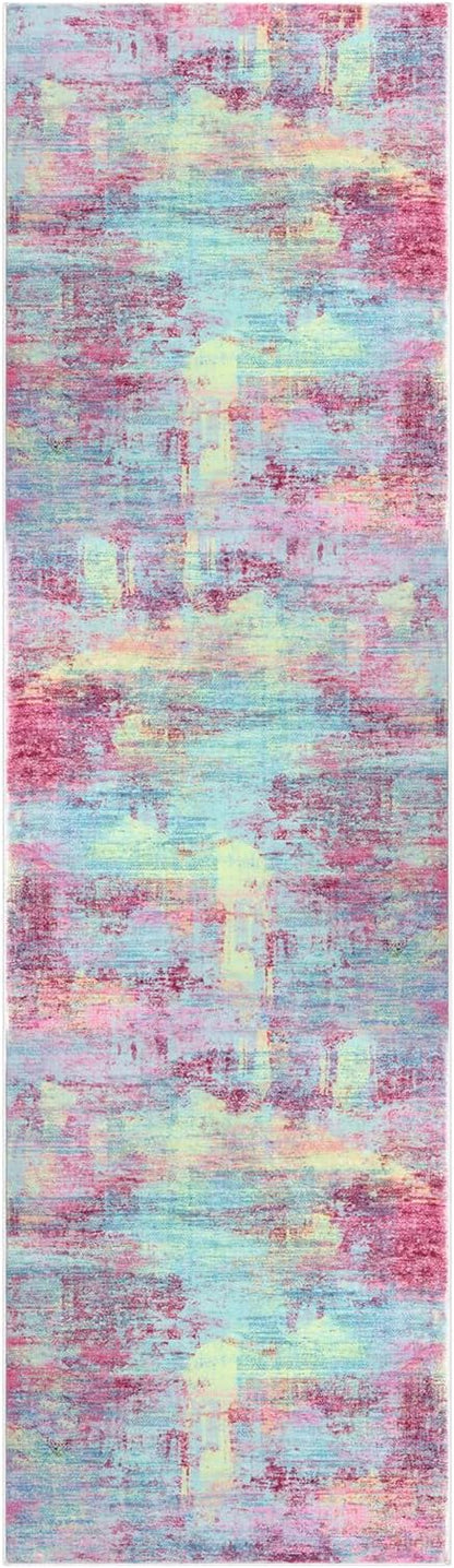 IOHOUZE Abstract Runner Rug 2x7 Ft Washable Runners for Hallways, Non Slip Kitchen Runner Printed Faux Wool Entryway Runners Indoor, Modern Abstract Floor Carpet for Hall Kitchen Bedroom, Pink Teal