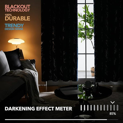 Deconovo Black Blackout Curtains, Thermal Insulated Soundproof Privacy Curtain Drapes, Branch Foil Print, 52 x 72 Inch Long, 2 Panels, Machine‑Washable Window Panel for Bedroom Living Room Office Home