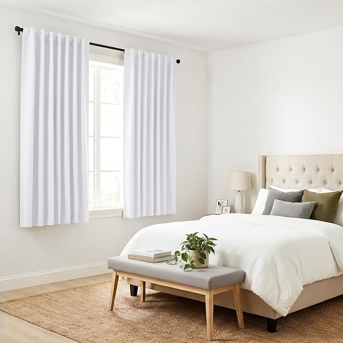 PONY DANCE Bedroom Window Curtains - Home Decor Thermal Curtain Panels Room Darkening Back Tab/Rod Pocket Window Covering Energy Efficient for Kitchen, 42 W by 63 L, Pure White, Set of 2
