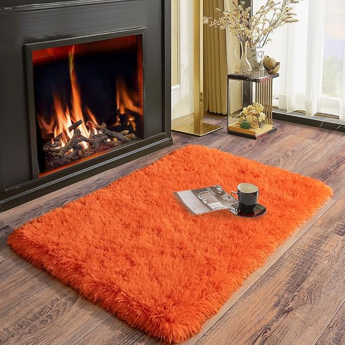 Soft Runner Rugs for Bedroom Hallways, 2x3 Orange Fluffy Shag Throw Area Rug Non Slip for Bedside Dorm, Long Shaggy Furry Carpet for Nursery Living Room