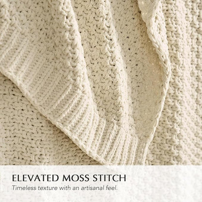 EVERGRACEHOME Chunky Chenille Knit Throw Blanket for Couch, Soft Luxurious Moss Stitch Blankets for Bed, Cozy Decorative Farmhouse Knitted Throws for Sofa, Beige, 50" x 60"