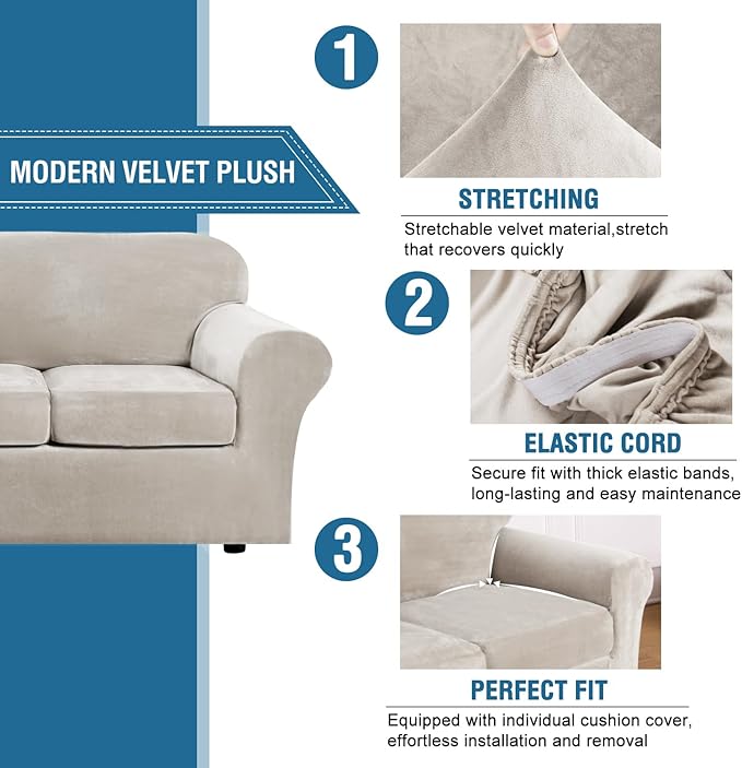 H.VERSAILTEX Real Velvet Plush 3 Piece Stretch Sofa Covers Couch Covers for 2 Cushion Couch Loveseat Covers Width Up to 72 Inch Thick Stay in Place (Medium Sofa, Oatmeal)