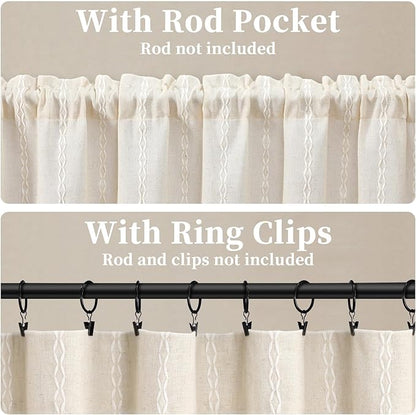 Boho Kitchen Valance for Windows, Beige Linen Blend Textured Fabric with Cotton Embroidery Vintage Western Rustic Style Light Filtering Rod Pocket Window Treatment, 52 x 18 Inch, 1 Panel