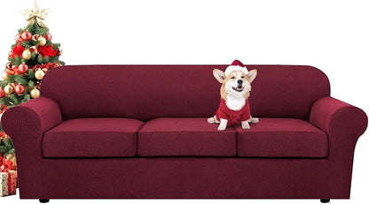 H.VERSAILTEX 4 Piece Stretch Sofa Covers for 3 Cushion Couch Covers for Living Room Furniture Slipcovers (Base Cover Plus 3 Seat Cushion Covers) Upgraded Thicker Jacquard Fabric (XL Sofa, Burgundy)