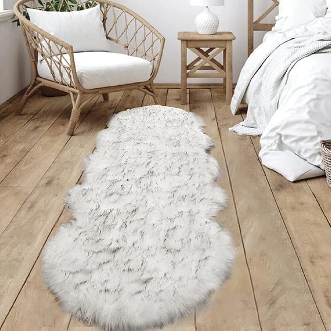 Goolela Faux Sheepskin Rug 2x6 Fluffy Fuzzy Furry Runner for Bedroom Bedside Plush - White with Grey Tips - Sheepskin