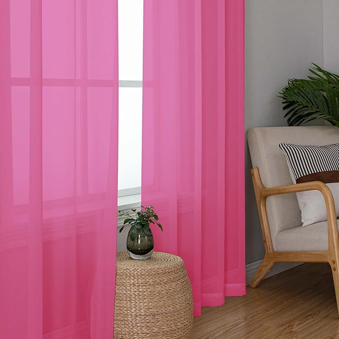 OWENIE Hot Pink Sheer Curtains 84 Inches Long for 2 Panels Set, Solid Light Filtering Voile Sheer Curtains for Living Room Bedroom, Modern Rod Pocket Hot Pink Curtain, 2 Pcs Total 84 Width 84 Long