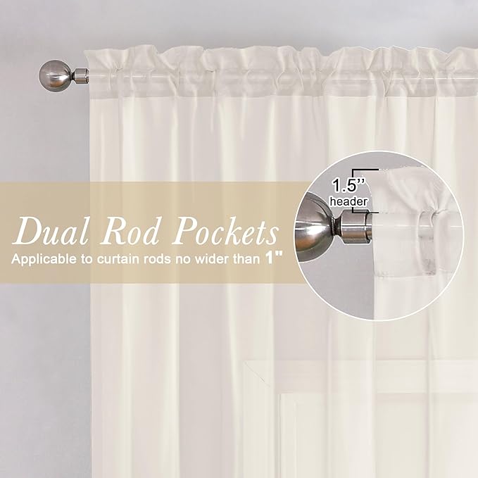Lecloud Short Sheer Curtains 54 Inches Length 2 Panels, Light Filtering Voile Curtain Drapes for Half Window Kitchen Bedroom, Basic Rod Pocket Living Room Sheer Curtains, 40Wx54L Inches, Ivory