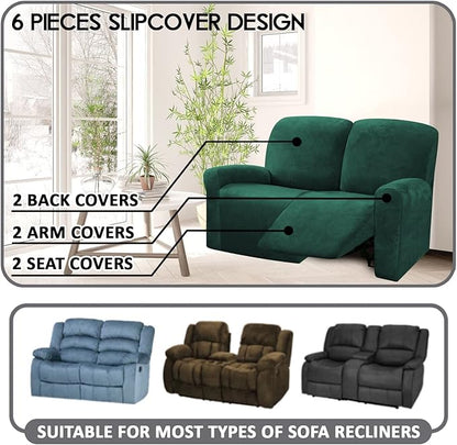 ULTICOR Reclining Love Seat Slipcover, 48" - 65" L, 6-Piece Velvet Stretch Loveseat Reclining Sofa Covers, 2 seat Love seat Recliner Cover, Thick, Soft, Washable, Love seat Slipcovers (Retro Green)