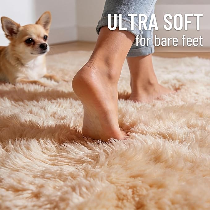 OLANLY 7x7 Machine Washable Large Area Rugs for Living Room, Bedroom, Soft Fluffy Shaggy Bedside Rug, Indoor Floor Carpet for Kids Girls and Boys, Dorms, Nursery, Home Decor Aesthetic, Beige