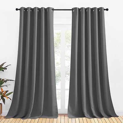 NICETOWN Grey Blackout Curtain Panels for Bedroom, Thermal Insulated Grommet Top Blackout Draperies and Drapes for Basement (2 Panels, W70 x L95-inch, Grey)