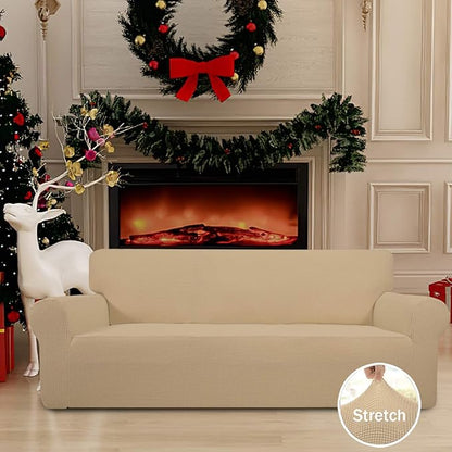 Easy-Going Stretch Sofa Slipcover 1-Piece Sofa Cover Furniture Protector Couch Soft with Elastic Bottom for Kids, Polyester Spandex Jacquard Fabric Small Checks (Sofa, Sand)