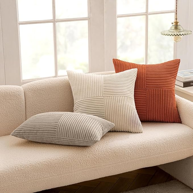 MIULEE Light Brown Decorative Throw Pillow Covers 16x16 Inch for Couch Bed Sofa Pack of 2 Boho Neutral Farmhouse Throw Pillows Soft Cross Corduroy Patchwork Textured Cushion Cases