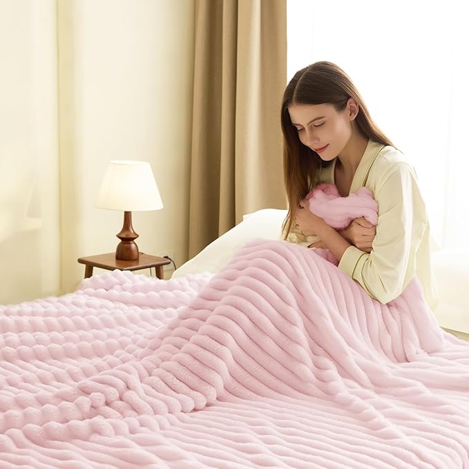 HIMEET Pink Ribbed Queen Size Blanket for Bed - 300GSM Lightweight Fleece Blanket for Men Women, Large Cozy Sofa Couch Cover Bed Blankets Gifts, Striped Spring Home Room Decor, Pink, 90x90 Inches
