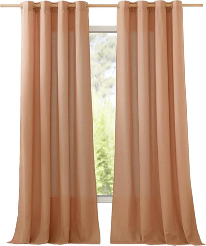 NICETOWN Linen Burnt Orange Curtains 90 inch Length 2 Panels, Grommet Privacy Added Thick Flax Linen Burlap Semi Sheer Light Filtering Window Treatments for Bedroom/Girls Room, W55 x L90