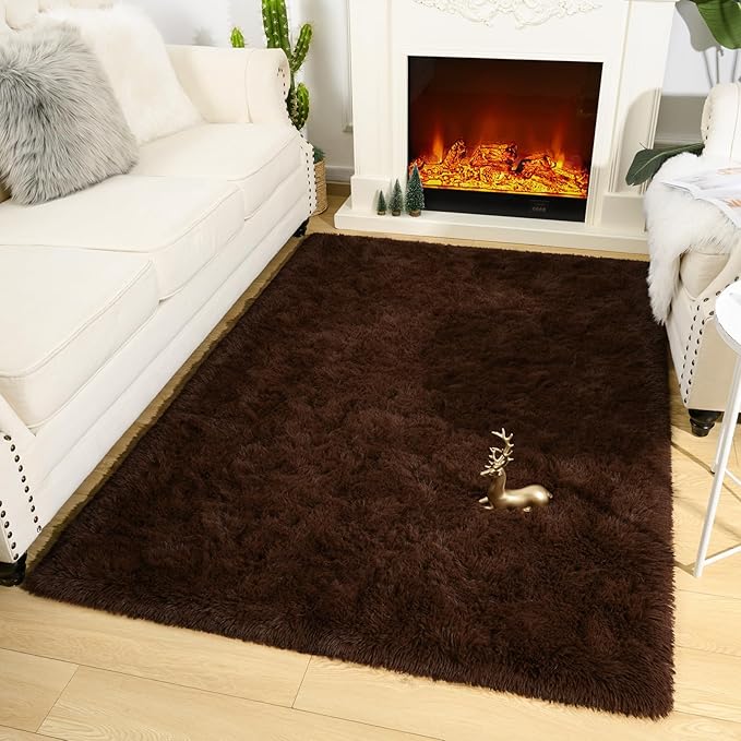 Amearea Shag Fluffy Area Rug for Bedroom Girls Living Room, Extra Soft and Fuzzy Shaggy Rugs, Non Slip, Solid Color Carpet Mat for Boys Nursery Home, Brown 5.3x7.5 Feet