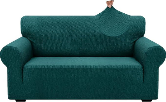 ZNSAYOTX 1 Piece Jacquard Couch Covers for 2 Cushion Couch High Stretch Loveseat Slipcover for Pets Dogs Anti Slip Love Seat Sofa Slipcover Furniture Protector (Medium, New Pattern Blackish Green)