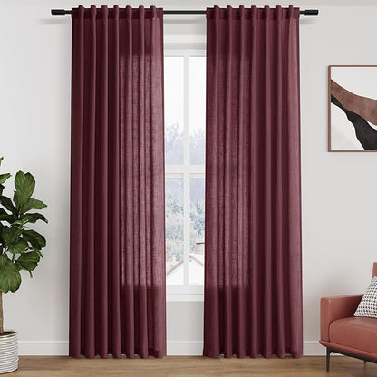 Nanspring Burgundy Linen Curtains 80 Inch Length for Living Room Light Filtering Semi Sheer Curtain Back Tab Vintage Boho Decor Elegant Luxury Drapes for Bedroom Dinner Room 52x80, 2 Panels