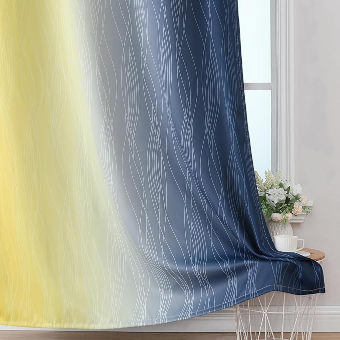 Estelar Textiler Navy Blue and Yellow Blackout Curtains 63 Inch Length 2 Panels Set, Full Room Darkening Grommet Ombre Curtains for Bedroom, Thermal Insulated Light Blocking Gradient Drapes,52Wx63L