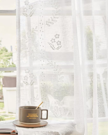 jinchan Belrose Linen Sheer Curtains for Living Room 96 Inch Length Sheer Voile Embroidered Floral Curtains for Bedroom Light Filtering Rod Pocket Window Treatments Farmhouse Decor 2 Panels White