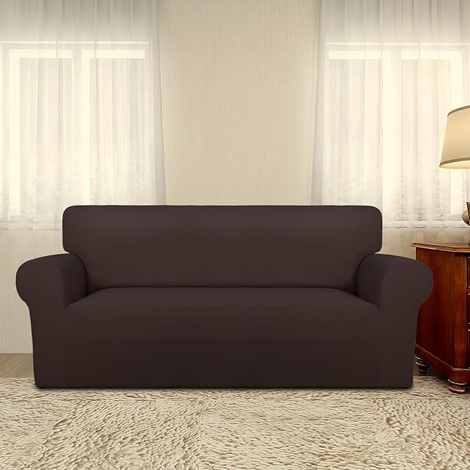 PureFit Super Stretch Sofa Slipcover – Spandex Non Slip Soft Couch Sofa Cover, Washable Furniture Protector with Non Skid Foam and Elastic Bottom for Kids, Pets (Oversized Loveseat, Chocolate)