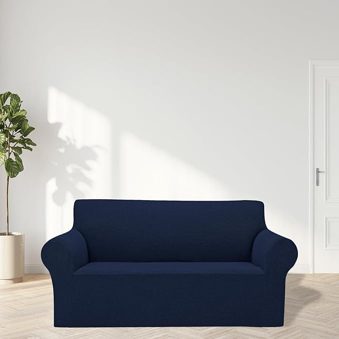 Cupuamon 2026 New Stretch Loveseat Sofa Slipcovers Couch Cover for 2 Cushion Furniture Protector Sofa Covers with Elastic Bottom Jacquard Fabric Small Checks for Pets, Kids - Navy