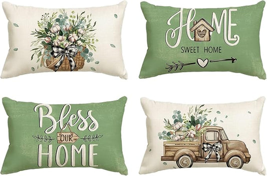 AVOIN colorlife Bless Our Home Farmhouse Eucalyptus Leaves Throw Pillow Covers, 12 x 20 Inch Green Truck Cushion Case Decorations Set of 4