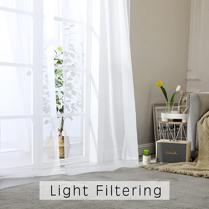 OWENIE Sheer White Curtains 108 Inches Long for Living Room Bedroom 2 Panels Set, Lightweight Airy White Sheer Curtain, Filmy Voile Rod Pocket, 2 PCS, Each 59" W x 108" L