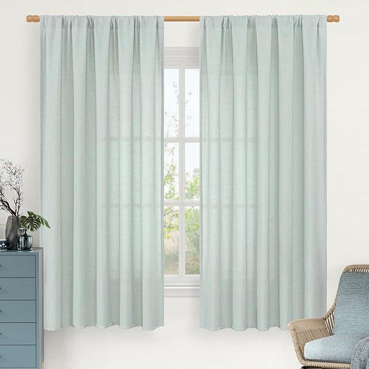 LAMIT Linen Curtains 63 Inch for Bedroom, Light Filtering Neutral Semi Sheer Window Treatment Farmhouse Curtains Rod Pocket Panels for Living Room/Dining Room, 2 Panels, 52 x 63 Inch, Light Blue