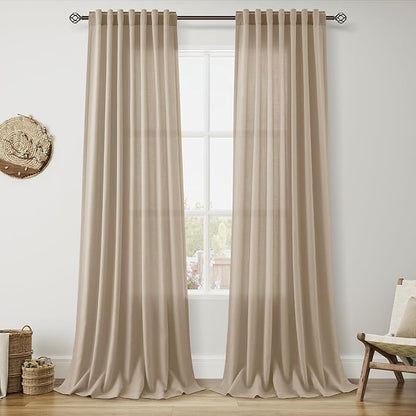 Nanspring Sepia Beige Linen Curtains 96 Inches Long for Living Room Rustic Farmhouse Decor Light Filtering Semi Sheer Curtain Back Tab Neutral Modern Luxury Drapes for Bedroom Office 52x96, 2 Panels