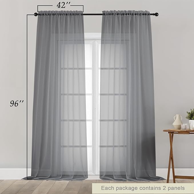 Grey Sheer Curtains for Bedroom Living Room 96 Inches Long 2 Panels, Modern Airy Soft Lightweight Rod Pocket Light Filtering Sheer Curtains Drapes, Grey, Each 42" Wx96 L Inch