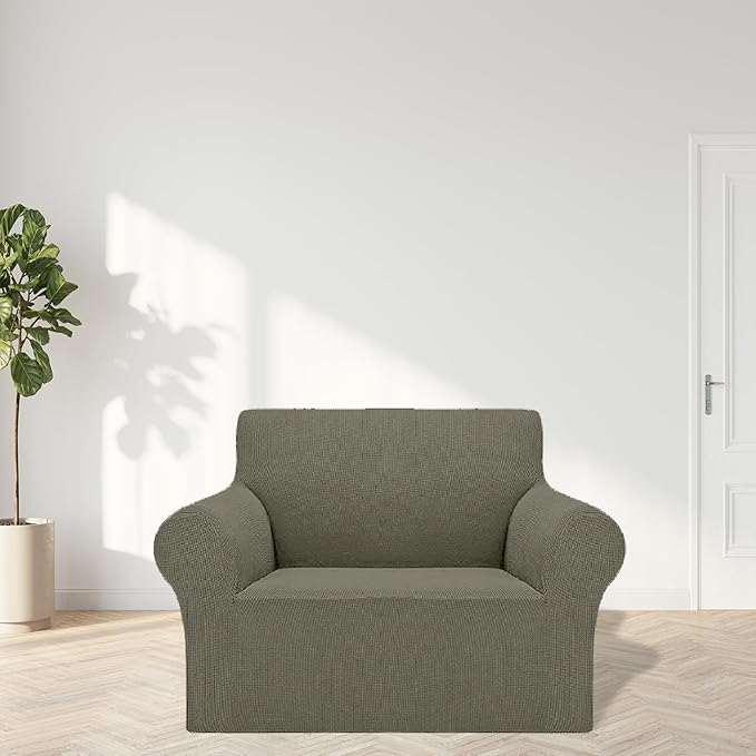 Cupuamon 2026 New Stretch Chair Sofa Slipcovers Couch Cover for 1 Seater Furniture Protector Sofa Covers with Elastic Bottom Jacquard Fabric Small Checks for Pets, Kids - Khaki