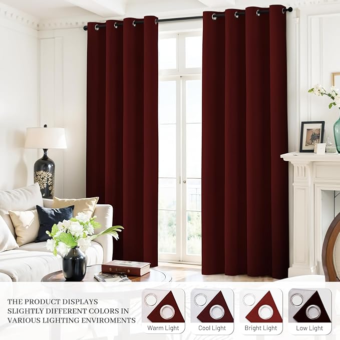 Yakamok Room Darkening 100% Blackout Curtains Grommet Window Treatments with 2 Thick Layers-Burgundy Red Thermal Insulated Drapes Set of 2 Panels for Bedroom Living Room 52 Inches by 96 Inches Length