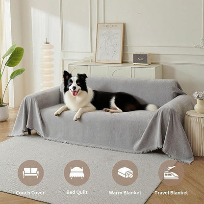Couch Cover for Dogs, Boho Sofa Covers for 3 Cushion Couch, Chenille Sofa Slipcover for Pets Washable, L-Shape Sectional Couch Loveseat Cover Soft Throw Blankets with Tassels(71x134,Grey)