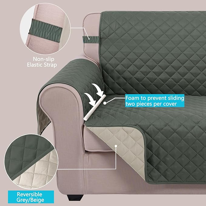 U-NICE HOME 4 Seater Sofa Cover 91 Inch Large Couch Covers for 4 Cushion Couch with Elastic Straps Water Resistant Furniture Protector Cover for Pets Cat (Sofa XX-Large, Grey/Beige)