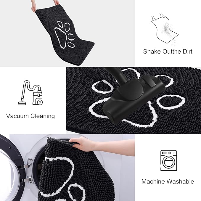 Smiry Dog Door Mat for Muddy Paws, Absorbent Dirt Trapper Non Slip Quick Dry Washable Chenille Mat for Mud Dogs, Entry Rug for Indoor and Outdoor (47x20 Inches, Black and White)